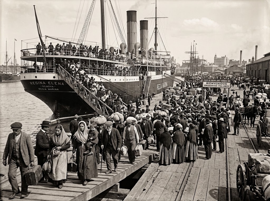 Inmigrantes italianos desembarcando del vapor Regina Elena en el puerto