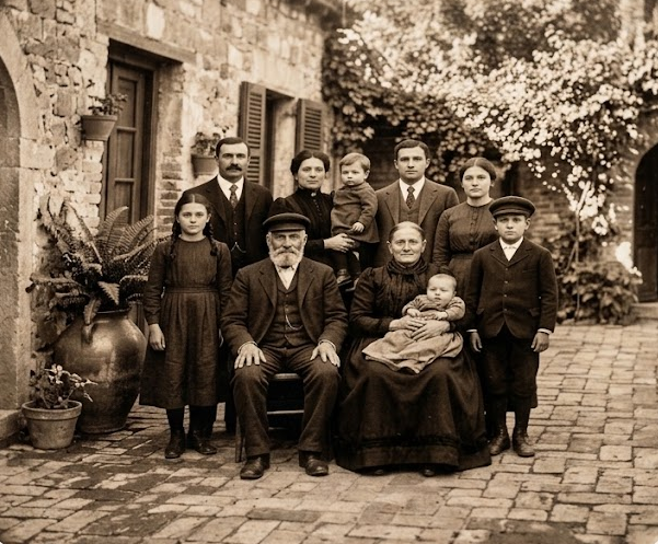 Familia de inmigrantes posando en el patio de su nueva casa